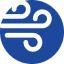 White abstract wind symbol on a blue circular background.