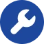 White wrench icon centered on a blue circle, symbolizing tools, repair, or maintenance.